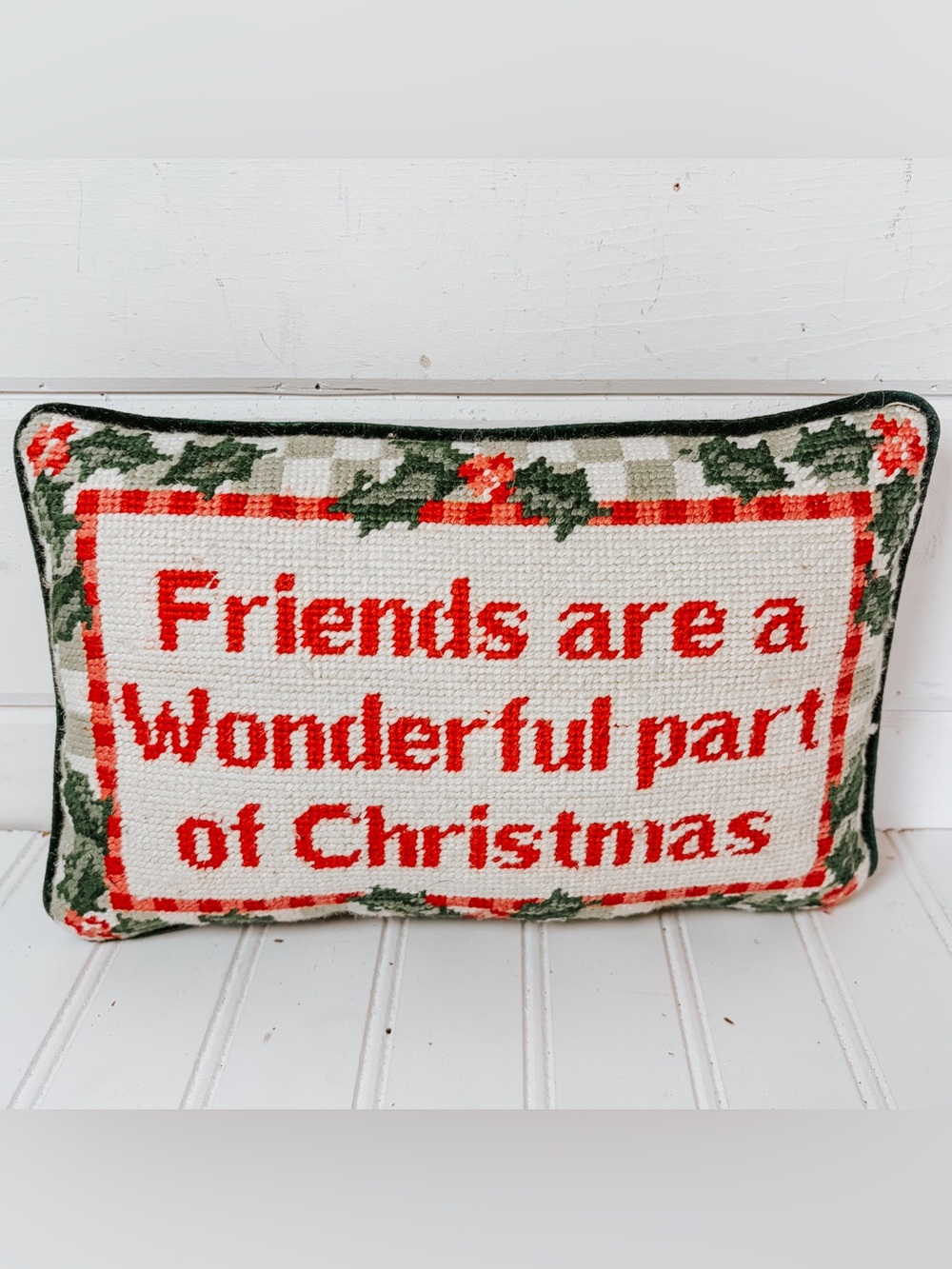 Vintage Christmas Holiday Needlepoint Decorative Pillow